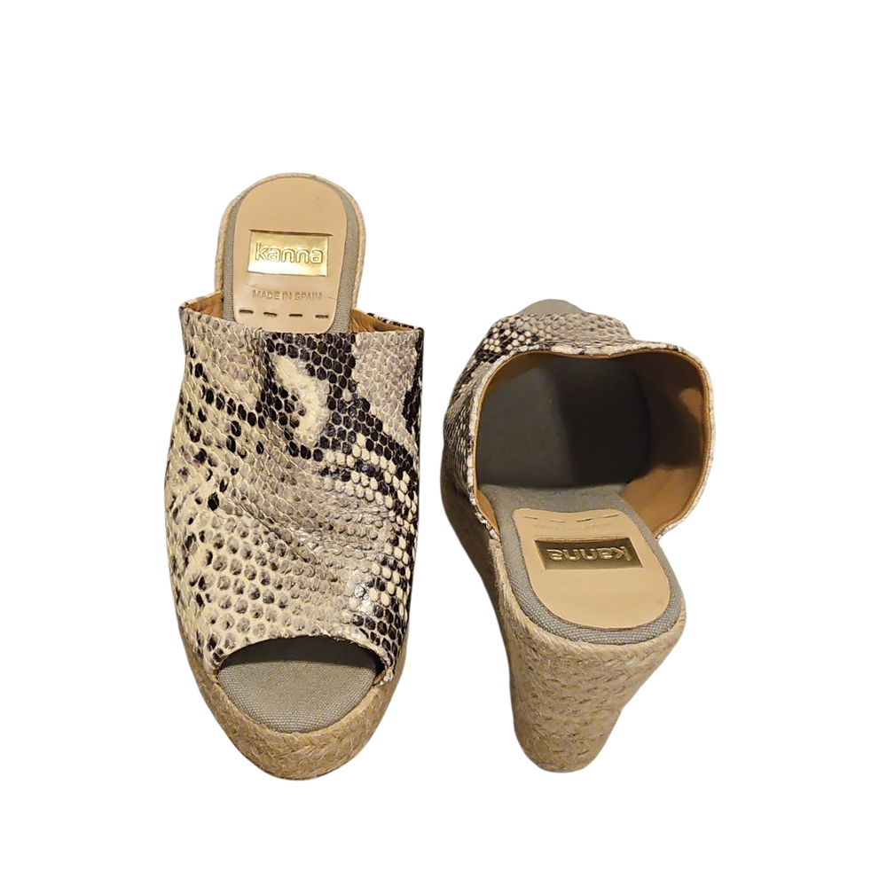 Kanna Tan/Black Snakeskin Print Wedge Sandals - Picture 3 of 7